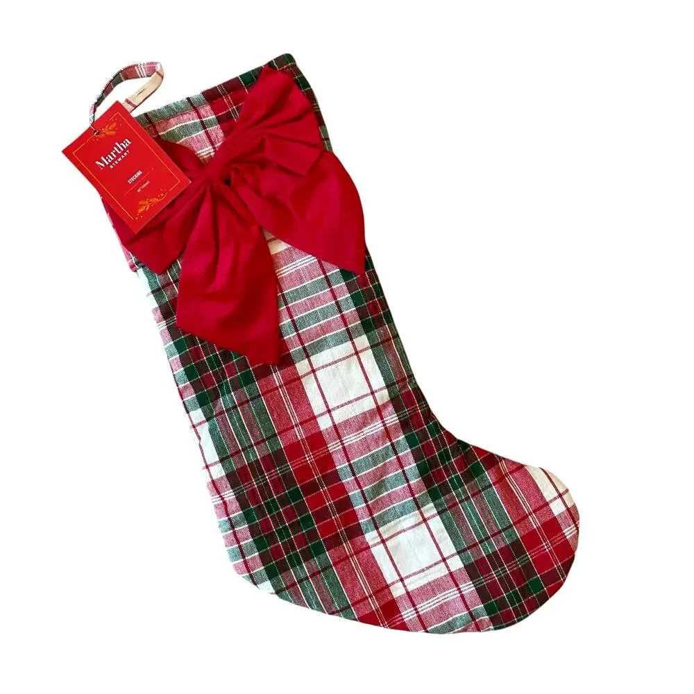 Martha Stewart Bow Tartan Stocking 22in Plaid Christmas Holiday Decor NEW